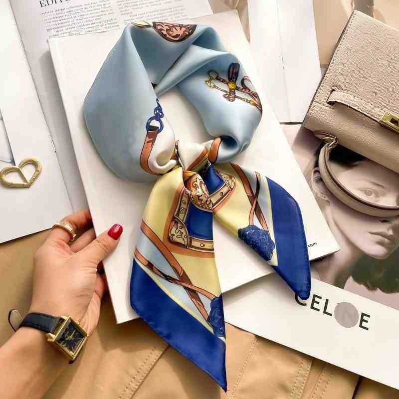 Luxury Chain Print Silk Square Scarf Women Soft Satin Silk Thin Neck Scarf Fashion Sunscreen Headscarf Woman 70x70cm