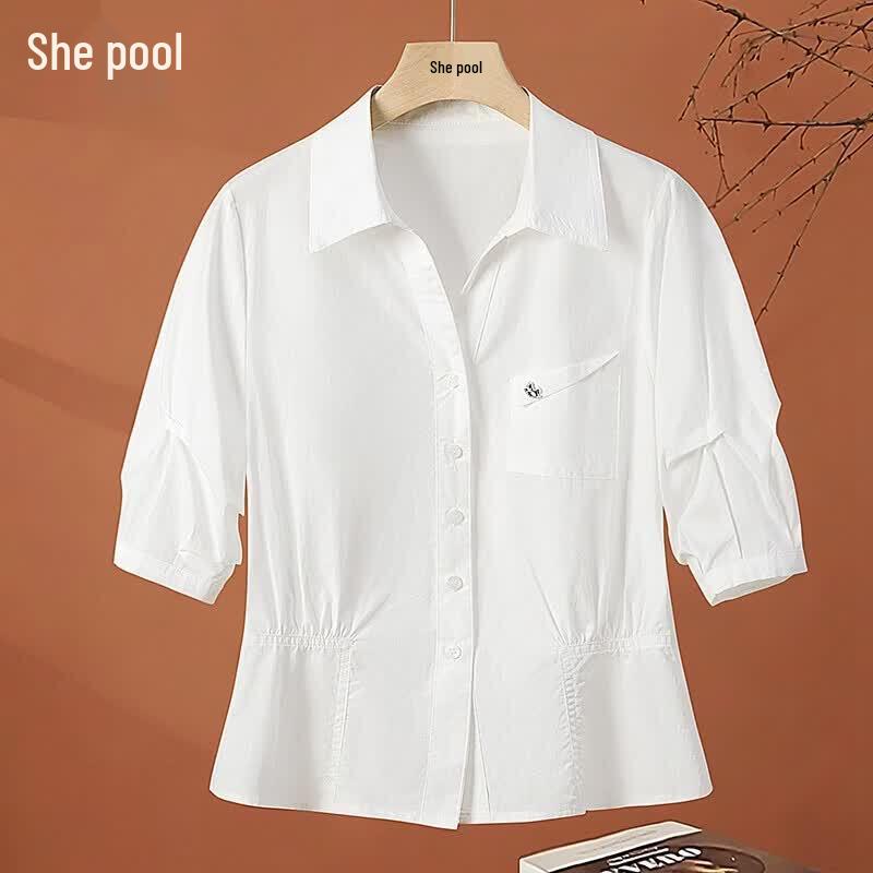 Women s Elegant Lapel White Cotton Shirt L
