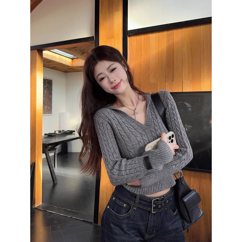 Kumikumi Stylish Gray Elegant Chic Hooded Long Sleeves Knitwear Women's Clothing Autumn Slimming Easiest for Match Tops