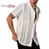 Cozy Up Men's Button Front Striped Mesh Blouse Shirt Casual Short Sleeve Lapel Neck Top