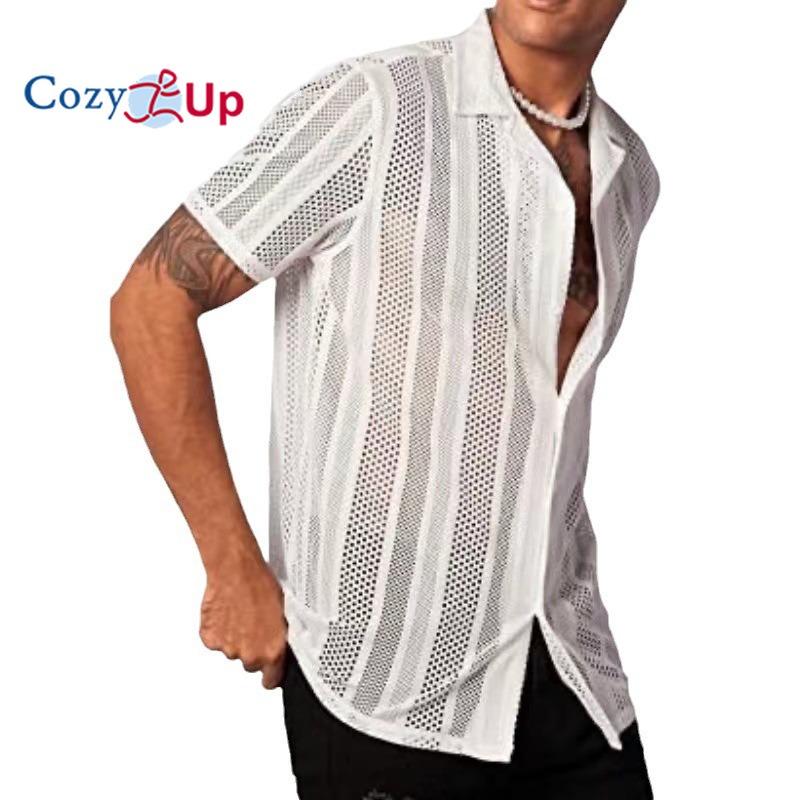 Cozy Up Men's Button Front Striped Mesh Blouse Shirt Casual Short Sleeve Lapel Neck Top