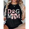 Women's Dog Mom T-shirt with Paw Prints and Pink Bow- Casual Short-sleeved Crew Neck Shirt, Mother's Day Gift for Dog Lovers,