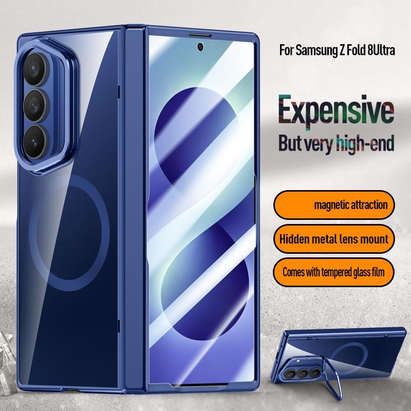 Luxury Magnetic Plating PC Hinge Protection Lens Stand Case for Samsung Galaxy Z Fold 8 Ultra / 7 6 Cover with Screen Glass Film