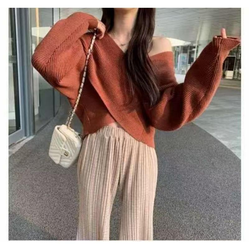 Women S Loose V Neck Cross Design Long Sleeve Knitted Sweater