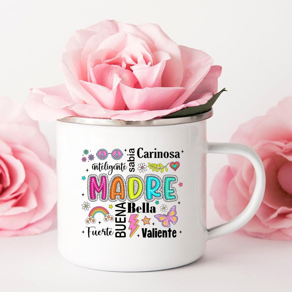 Intelligent Loving Brave Mother Spanish Print Enamel Coffee Mug Drinks Milk Cup Camping Mugs Birthday Mother's Day Gift for Mom