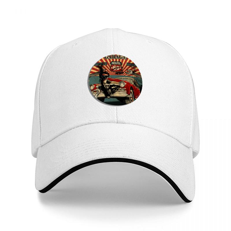 Casquette de baseball rétro avec motif hot rod vintage et soleil sur fond noir, ajustable, unisexe et femme.