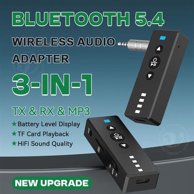 Transmisor Receptor de Audio Inalámbrico Bluetooth 5.4 3 en 1 Adaptador de Reproducción de Tarjeta MP3 TF Música Estéreo AUX de 3,5 MM Con Micrófono Pantalla de Nivel de Batería
