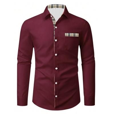 Cămașă cu mânecă lungă pentru bărbați de primăvară-toamnă, cu rever, cusături în carouri, cardigan, topuri, cămașă business casual pentru bărbați