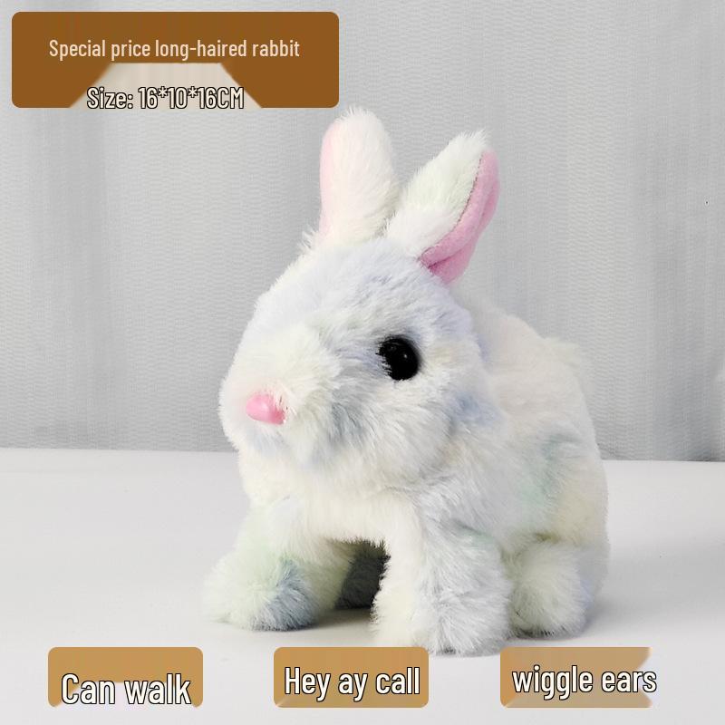 Plush Interactive White Rabbit Toy - Walking, Talking, Ear-Wiggling, Mouth-Moving Long-Haired Pet Simulation.