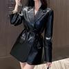 Leather Jacket Autumn New Casual Retro Temperament Waist Strap Medium and Long Suit Collar Leather Jacket Fashion