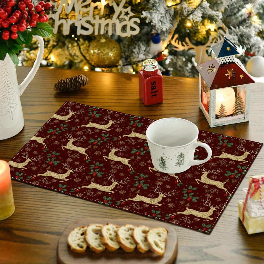 Reindeer Holly Snowflake Christmas Placemat, Washable, Festive Dining Table Atmosphere Placemat