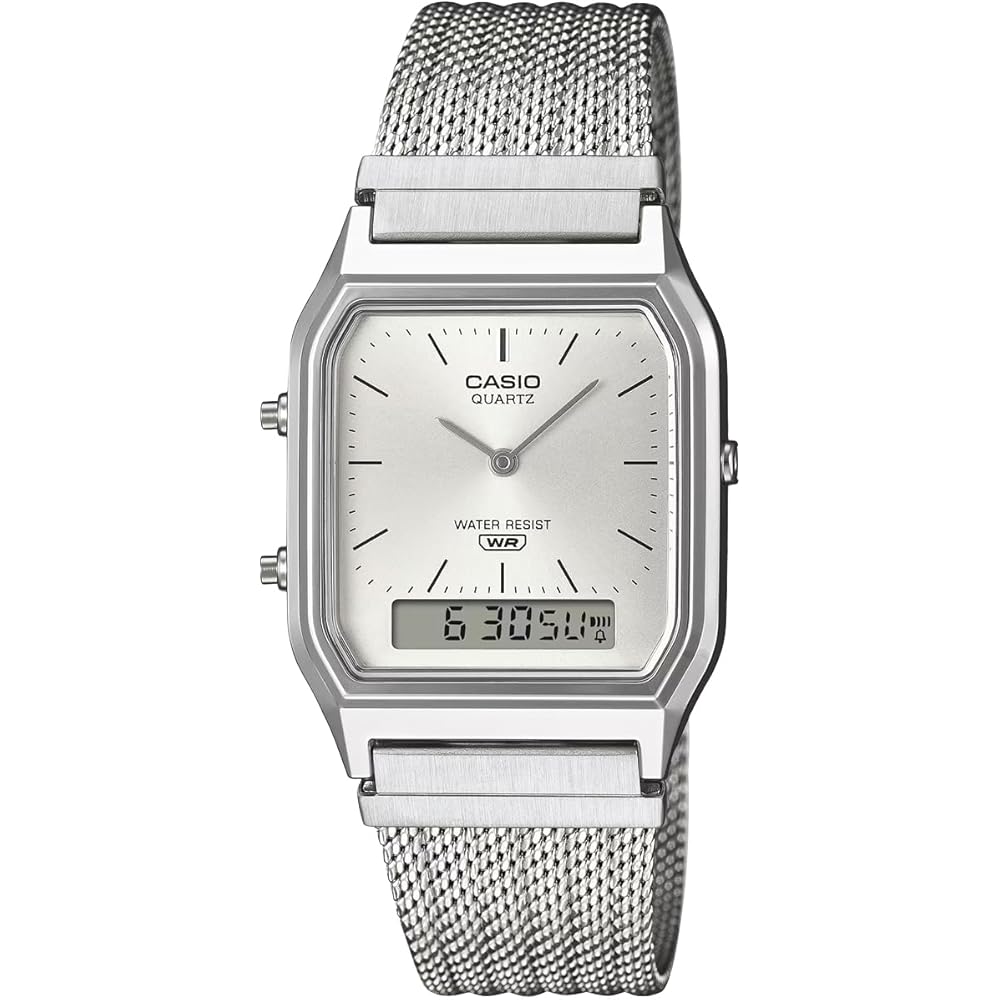 Casio Ana-Digi Vintage Series Quartz Wristwatch AQ-230EM-7A Mesh Metal Band Unisex Dual Time Silver