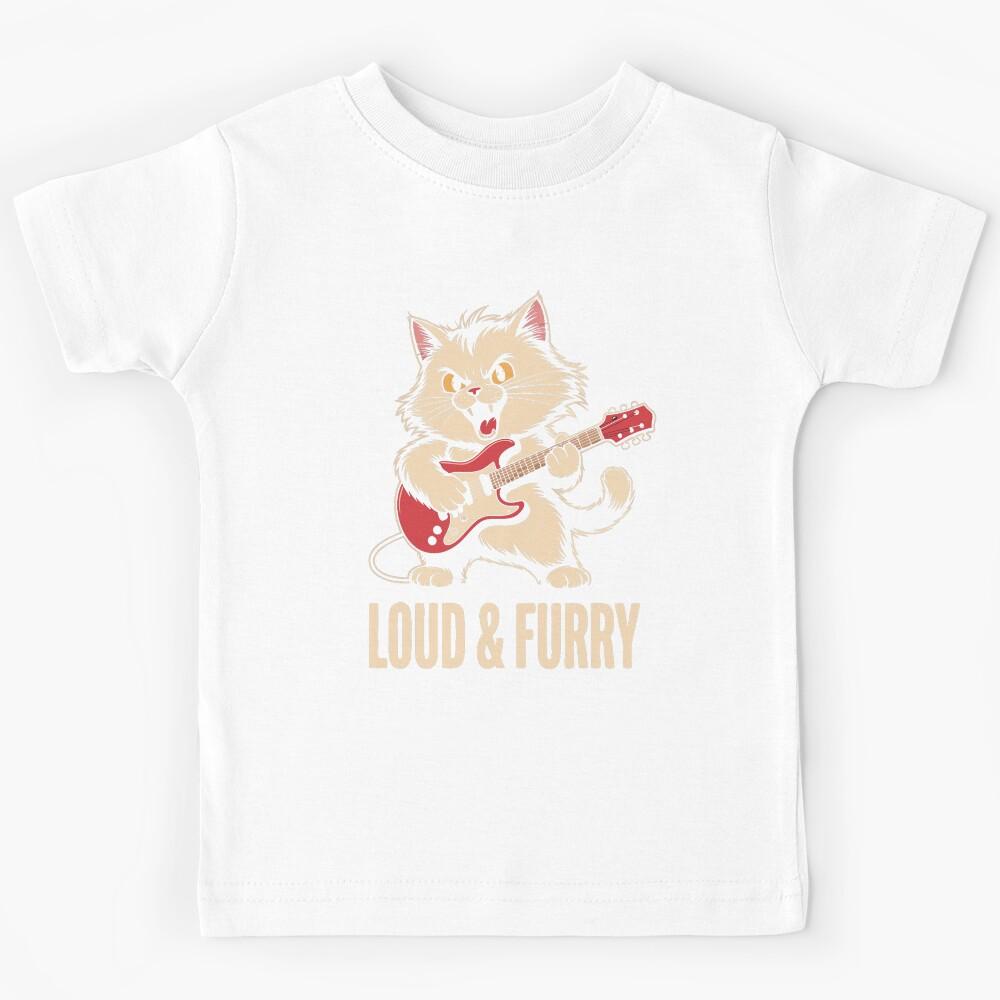 Loud and Furry Funny Rockstar Cat Playing Guitar Kids T-Shirt 100