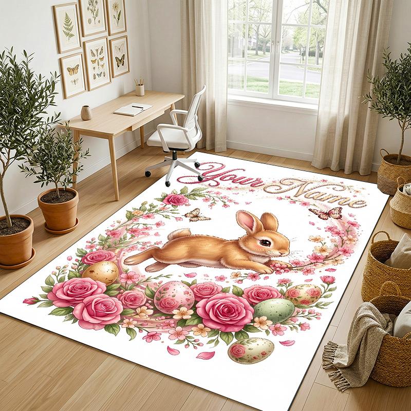 Easter Bunny Theme Crystal Velvet Rug Personalized Custom Name Text Soft Floor Mat Home Decor