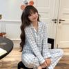 2026 Women's Blue Plaid Cotton Pajama Set - Cute Bear, Long Sleeve, Spring & Autumn