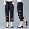 Mom's Summer Thin Embroidered Seven-Point Pants Ethnic Style Senior Women Elastic High-Waist Mid-Trousers Casual