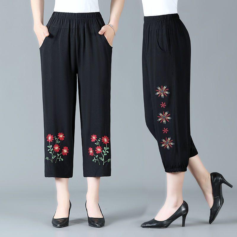 Mom's Summer Thin Embroidered Seven-Point Pants Ethnic Style Senior Women Elastic High-Waist Mid-Trousers Casual