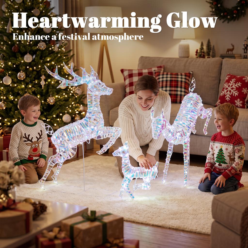 3-Piece Lighted Reindeer Family Set, Iridescent Christmas Decor