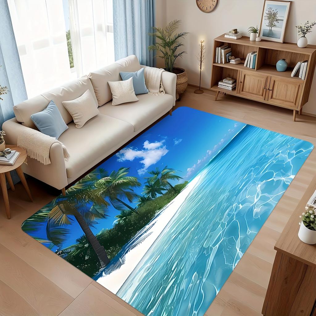 Large Tropical Beach Area Rug Ocean View Palm Tree Mat Waterproof Living Room Carpet Coastal Summer Bedroom Decor