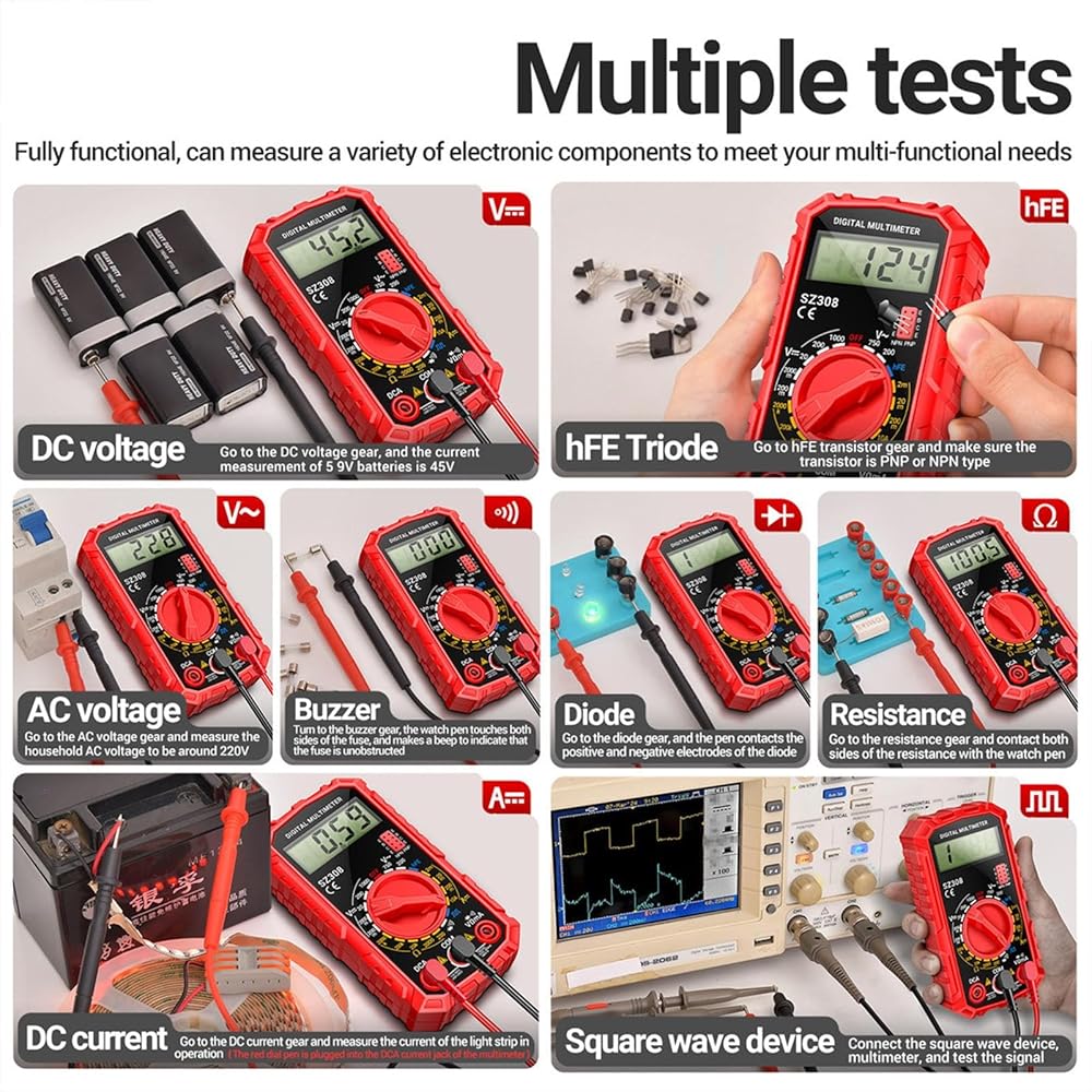SZ308 Digital Multimeter 2000 Counts with Voltage, Current, Resistance Measurement and Backlit LCD Display