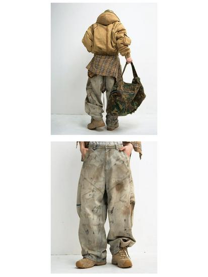 Gender-Free Yellow Mud Dyed Distressed Wide-Leg Jeans