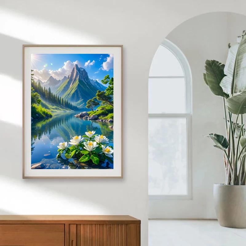Peisaj Natural Pădure Floare Colibă Pârâu Cascadă Copaci Vedere Munte Poster Pictură pe Pânză Artă de Perete Imagini Decor Acasă