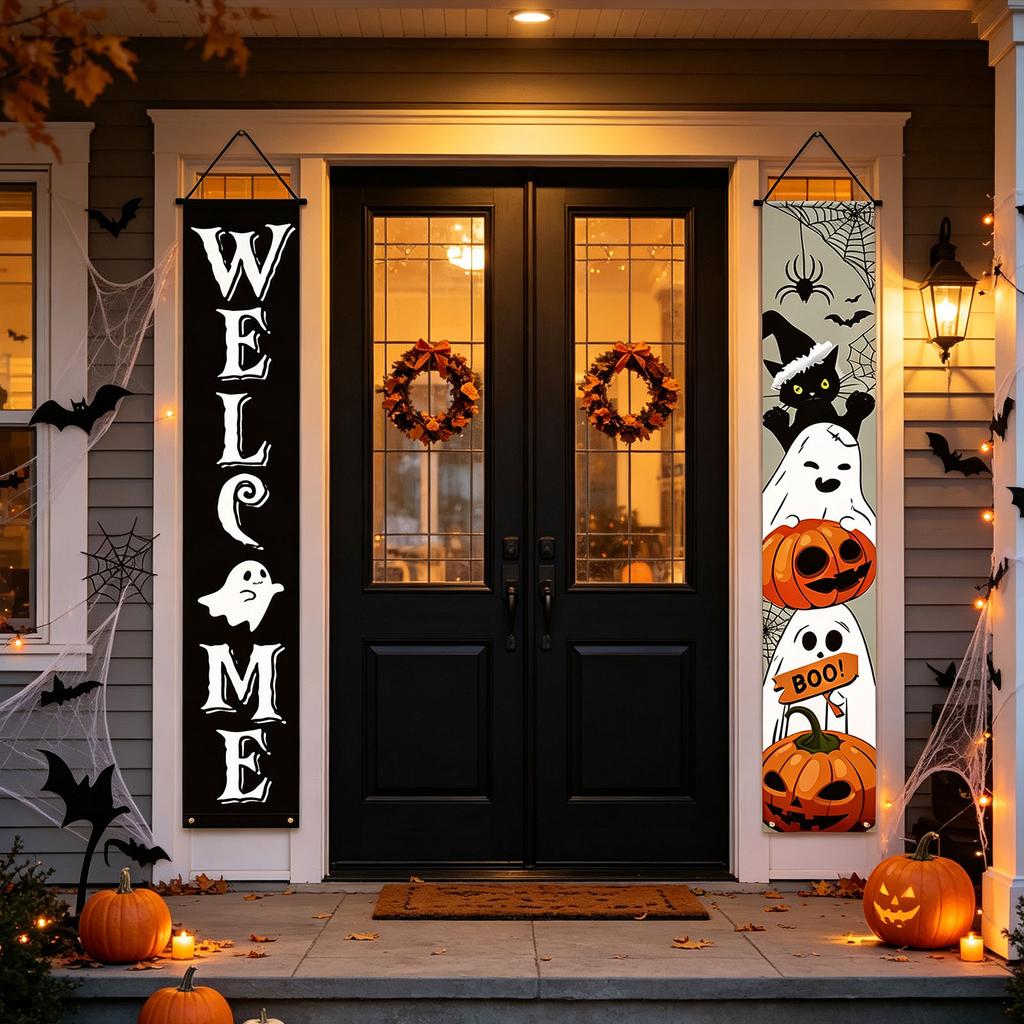Set - Pumpkin Flag and Door Curtain for Porch Party Outdoor Decor