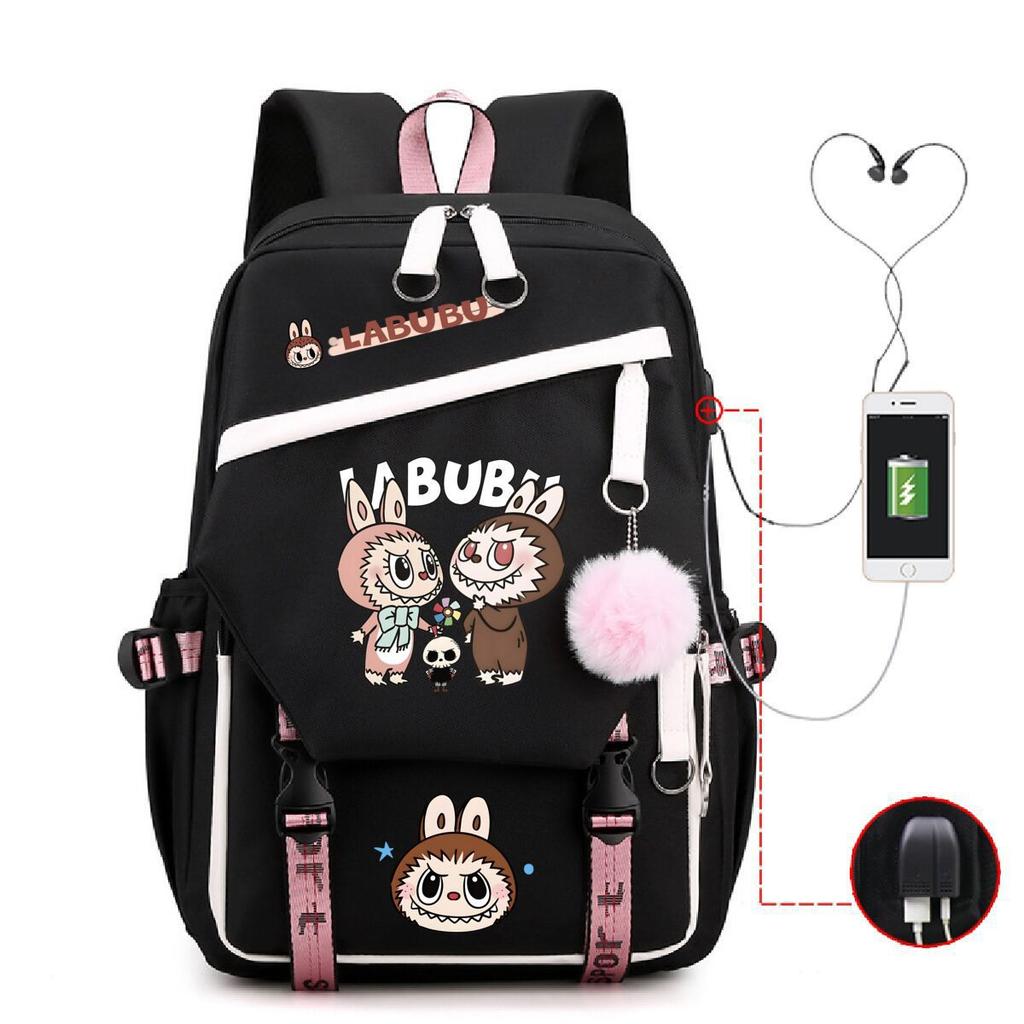 Labubu printed student schoolbag multi-function large capacity backpack with USB port
