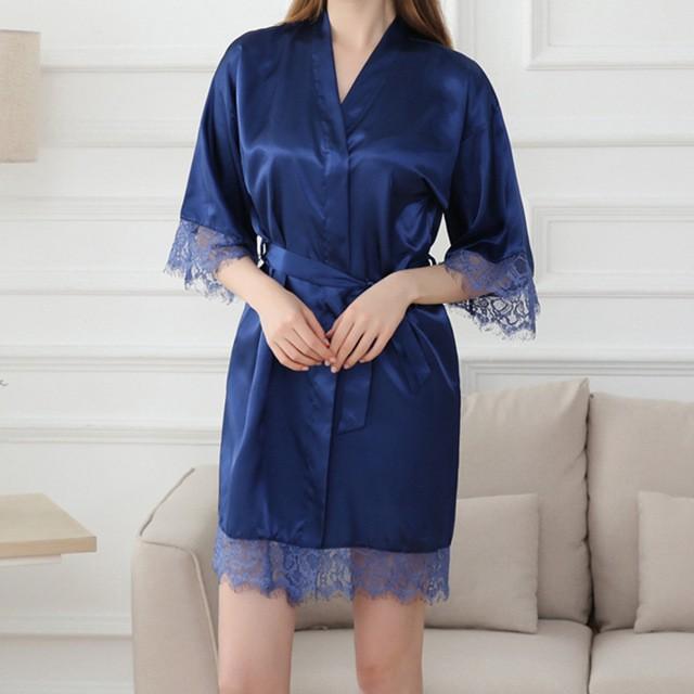 Sexy lace trim pure color home sleeping robe bathrobe women's pajamas