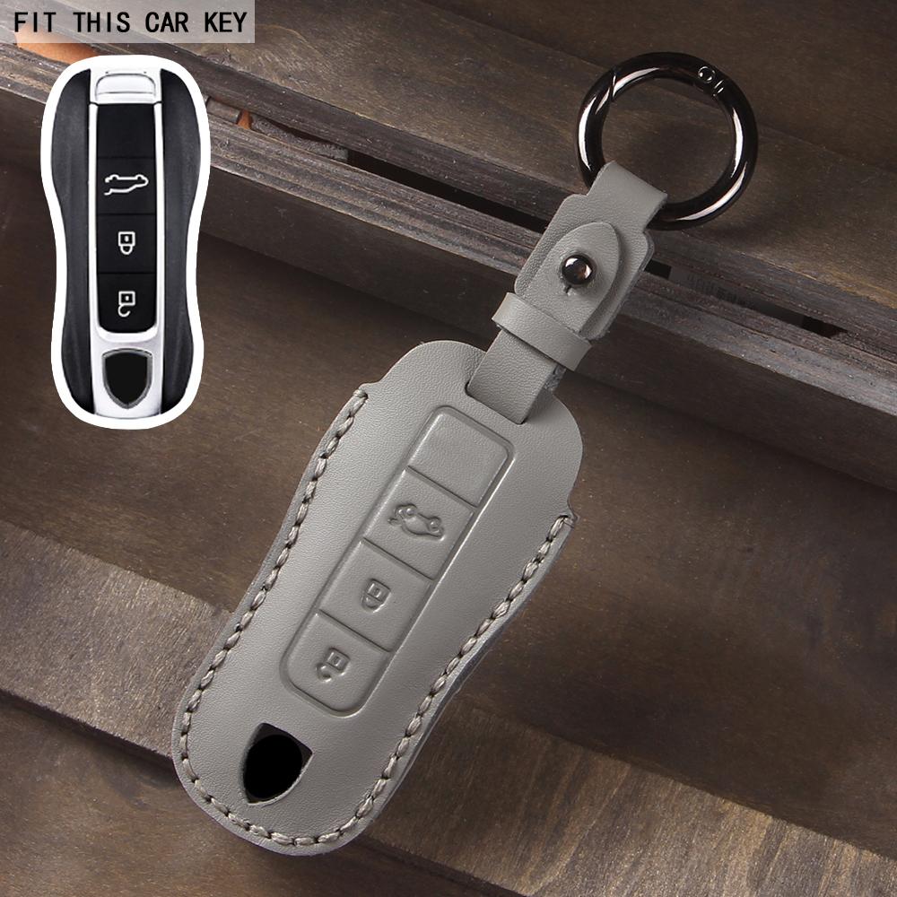 3/4 Knöpfe Leder Auto Schlüsselhülle Etui Fernbedienung Schlüsselanhänger Halter für Porsche Cayenne Panamera 911 992 Taycan