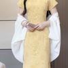 Goose Yellow Disc-buckled Cheongsam, Summer Chinese Style White, Small Fresh Waist Literary and Art Style Dress, Women's Slim Dress