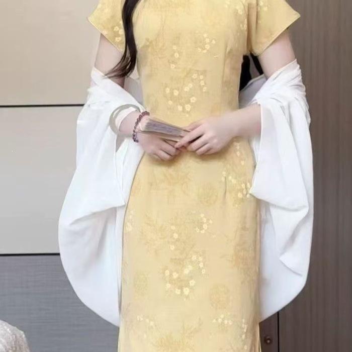Goose Yellow Disc-buckled Cheongsam, Summer Chinese Style White, Small Fresh Waist Literary and Art Style Dress, Women's Slim Dress