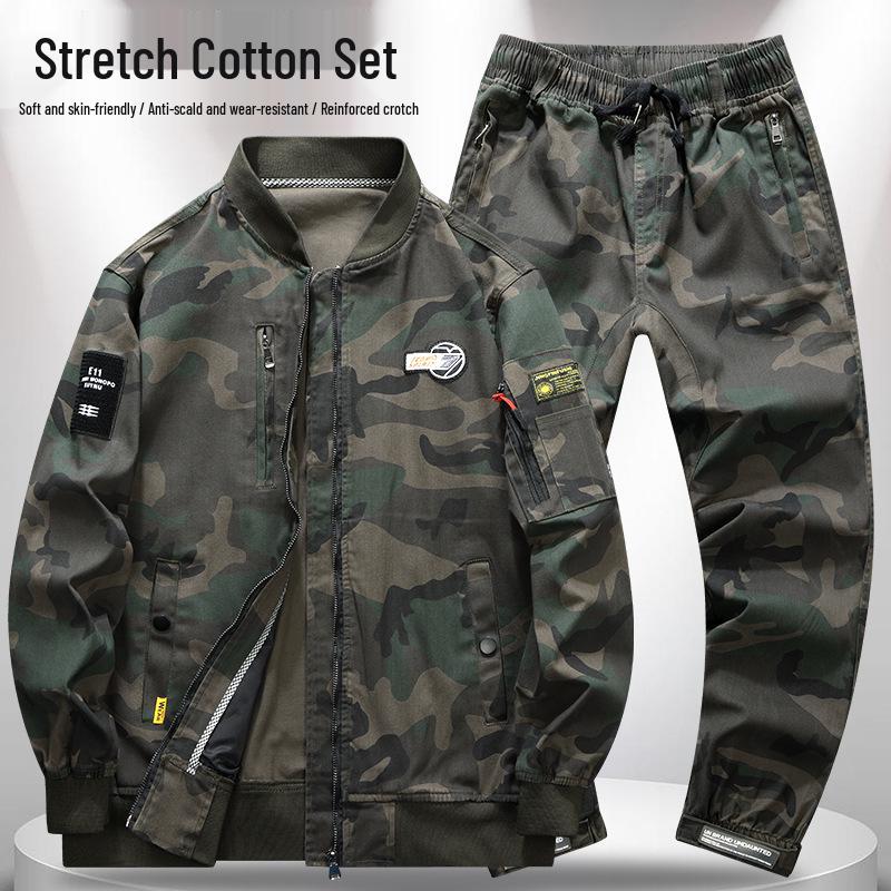 Baumwoll-Camouflage-Arbeitskleidungs-Set: Verschleißfeste Baseballjacke und Stretchhose für Frühling/Herbst zum Arbeitsschutz und Schweißen.