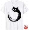 Abstract Ink Wash Black Cat Enso Circle Art Graphic T Shirt Minimalist Zen Cat Lover Soft Cotton Loose Casual Short Sleeve Tees