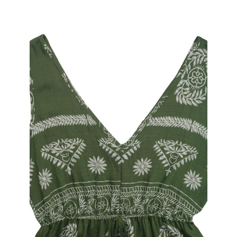 VEZFAA Women's Fashion Summer Spring Flower Pattern Print Sleeveless V-Neck High Waist Casual Dresses