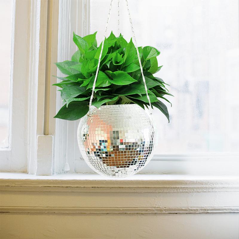 Disco Ball Hanging Flower Pot For Indoor Plants Bohemian Style Flower Planter Pots Rope Mirror Hanging Basket Garden Decor Vase
