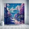 Anime Scenery Street Shower Curtain Set - 12 Hooks, Durable Polyester, Cartoon Landscape Theme, Modern All-Season Bathroom Decor