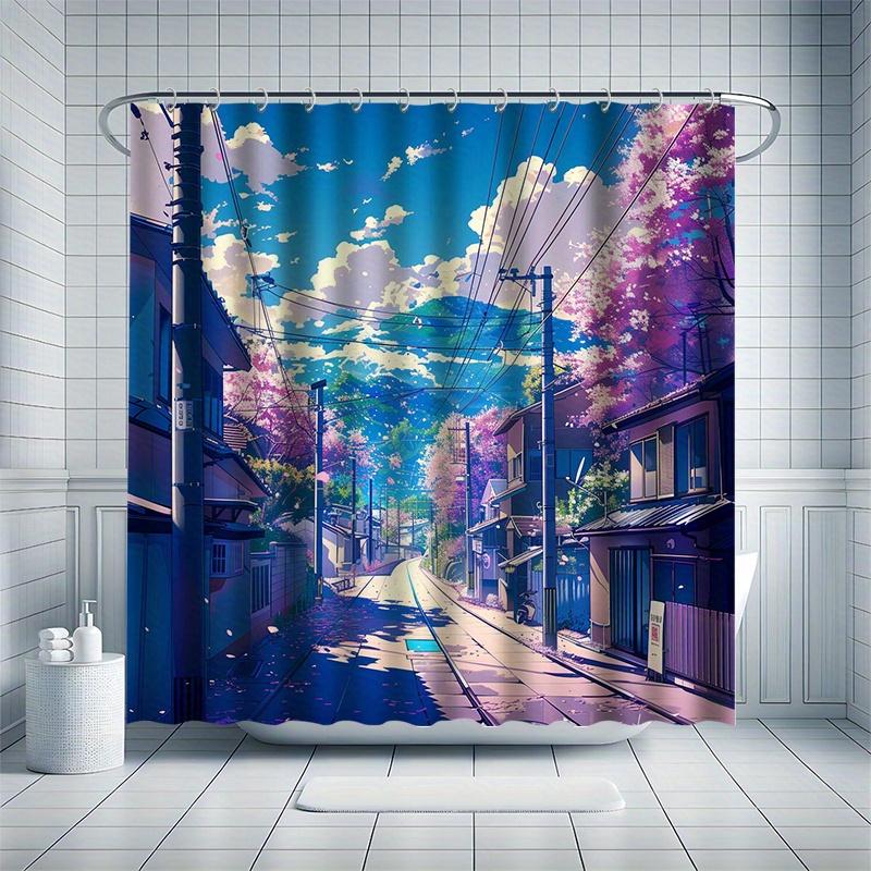 Anime Scenery Street Shower Curtain Set - 12 Hooks, Durable Polyester, Cartoon Landscape Theme, Modern All-Season Bathroom Decor