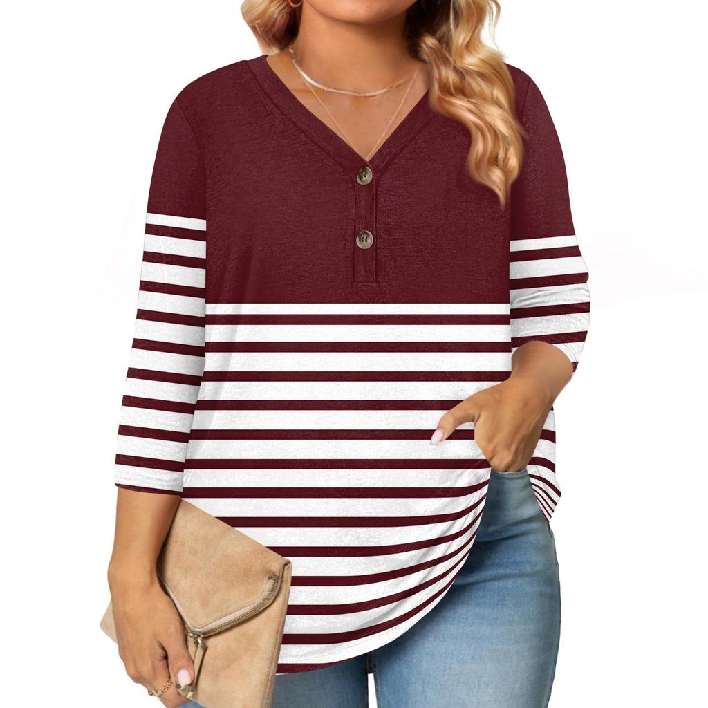 Womens 3/4 Length Sleeve Tops Plus Size Button Down V Neck Shirts Blouses Casual Printing Loose