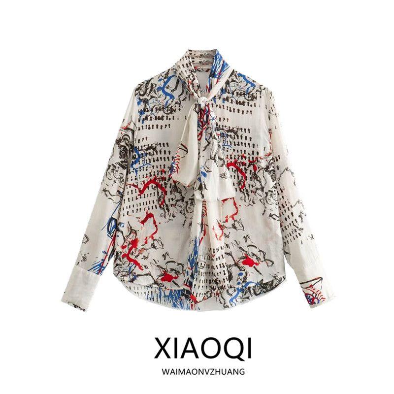 24 Spring New Fashion Style Women's Clothing Casual Loose Bowknot Decoration Print Shirt Tops 2356007 330