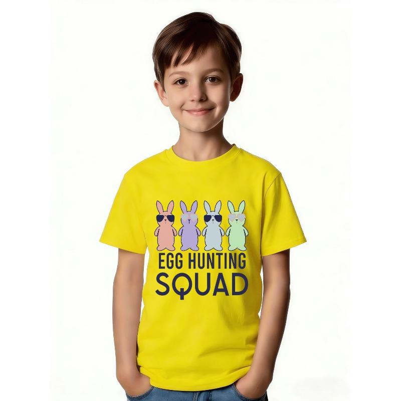 European Size Childrens Crew Neck Short Sleeved T Shirt with Bunny and Egg Hunt Team Pattern
