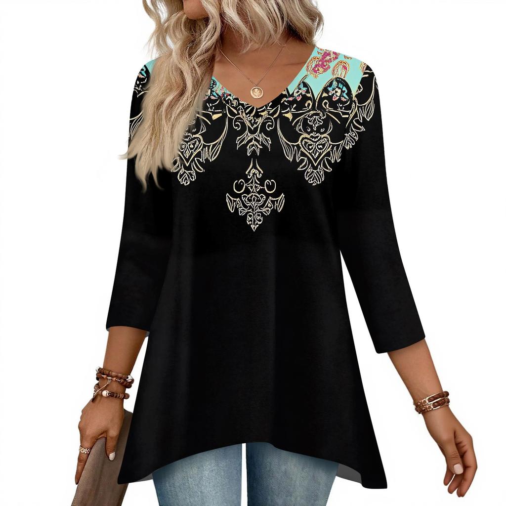 Dámské topy s výstřihem do V a 3/4 rukávem, ležérní košile střední délky, módní tuniky s potiskem