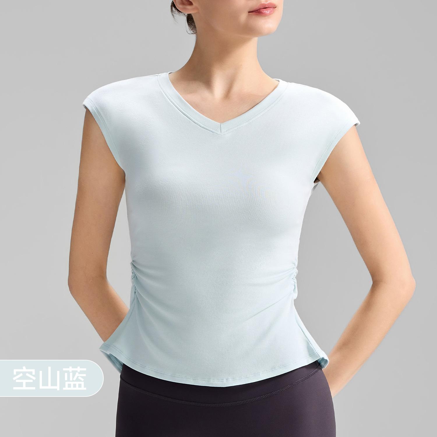 Summer Yoga T-Shirt Women s Mudale Loose Sports Top Pleated Thin Fitness Short Sleeves S небесно-голубой
