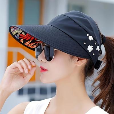 Chapeaux à visière décorés de fleurs perlées, chapeau de soleil d'été tendance de couleur unie, visières de protection UV pliables pour femmes et filles en plein air