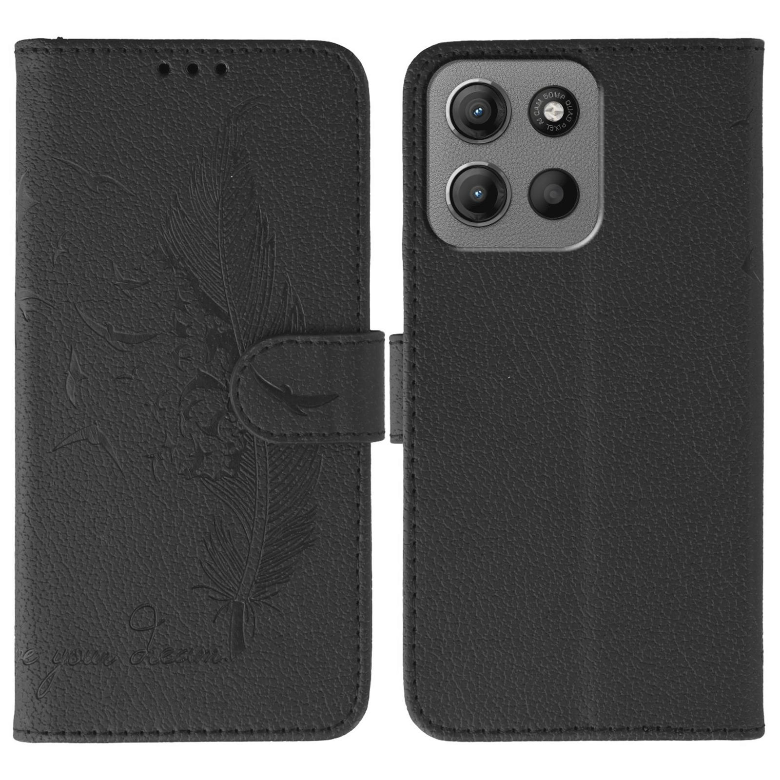 

Чехол для Motorola Moto G15 4G с тиснением в виде пера, кошелек из ПУ кожи, чехол для телефона Black