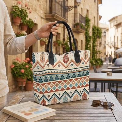  Boho Geometric Tote Bag Casual Canvas Shoulder Bag for Daily Shopping Travel