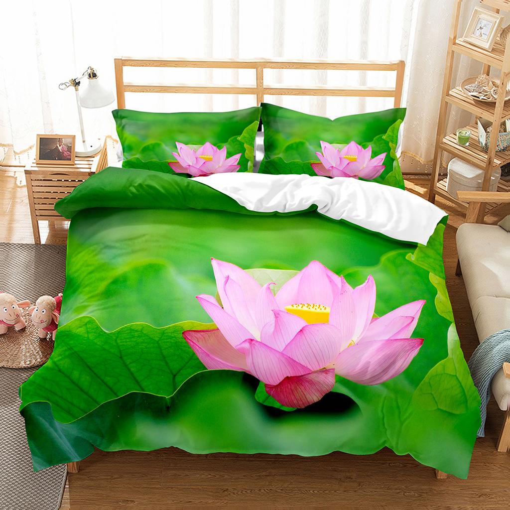 Lotus Flower Duvet Cover Set Lotus Leaf Pattern Polyester Quilt Cover King Full Size For Kids Teens Bedding Set With Pillowcase