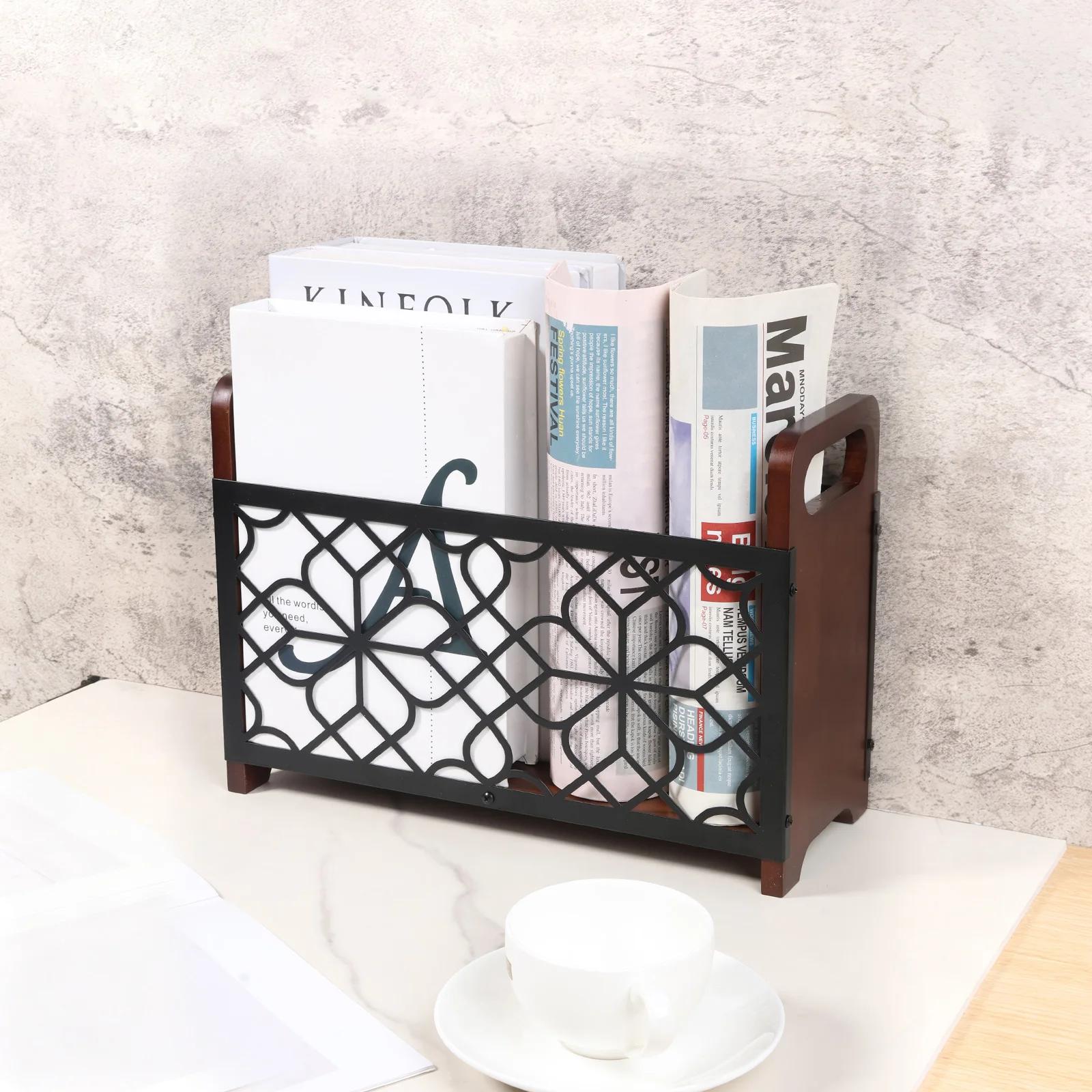 

Подставка для журналов Дерево Металл Настольный органайзер для папок с ручкой Корзина для хранения газет для журнального столика Настольное украшение