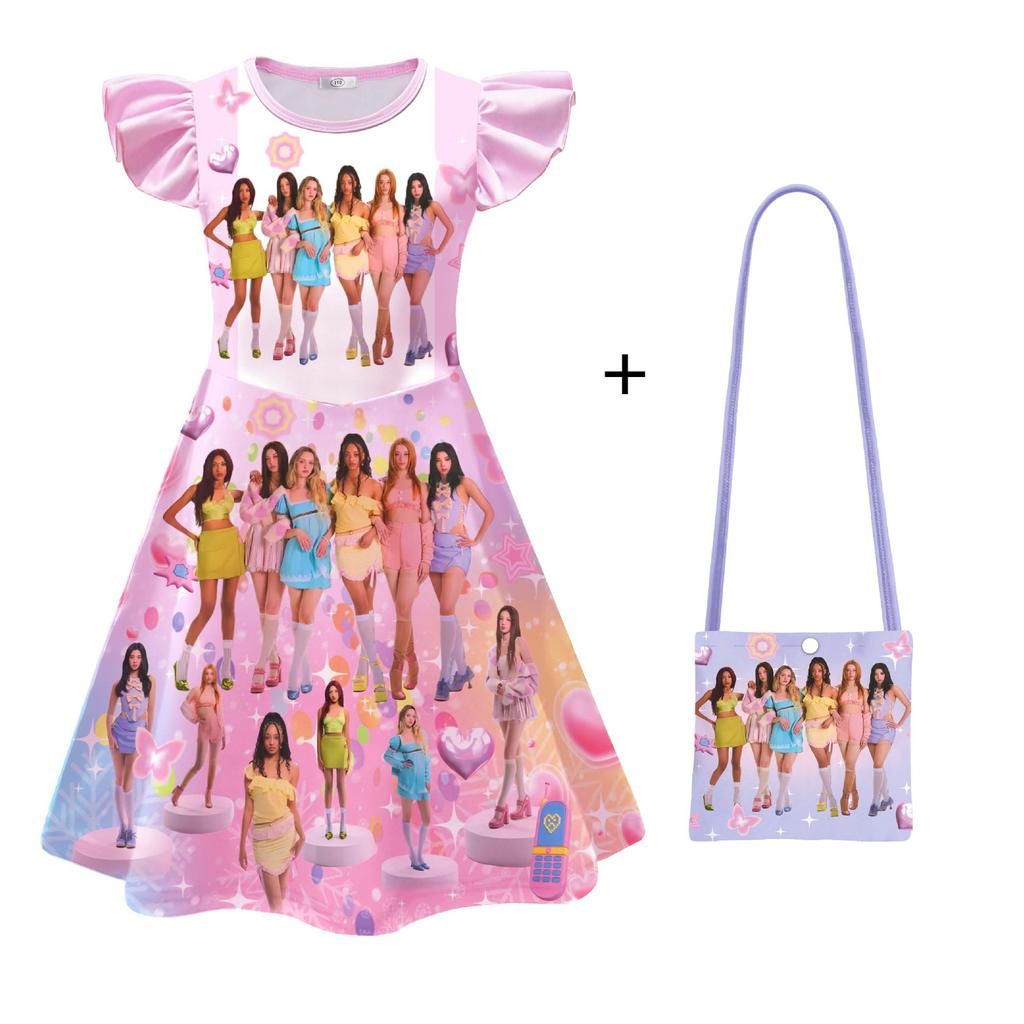 Katseye Digital Printing, Clothing, Middle-Aged And Older Children'S Feifei Sleeve Dress + Bag 26252