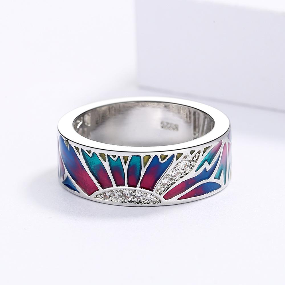 Gradient Color Drop Glue Enamel Plant Flowers European and American Pastoral Style Fashion Retro Womens Ring